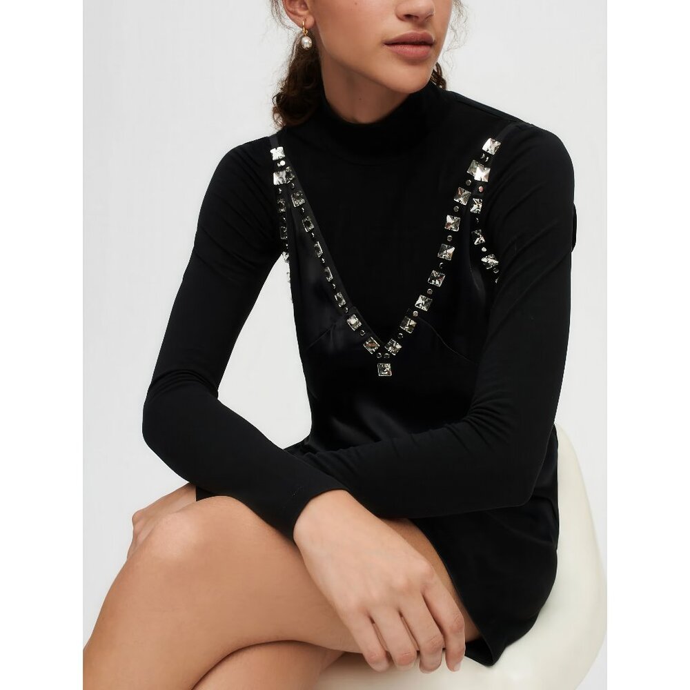 EUC Maje black satin dress with jeweled straps